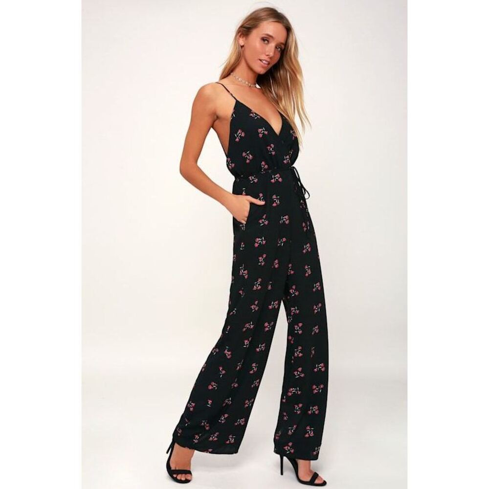 Lulus Siobhan Black Floral Print Wide-leg Jumpsuit - Size Small